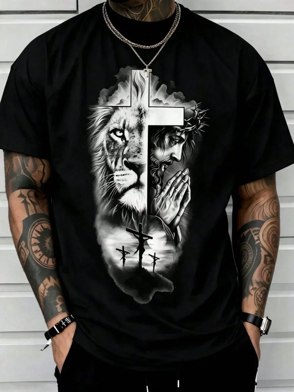 Black Casual Men's Lion Cross Print T-shirt